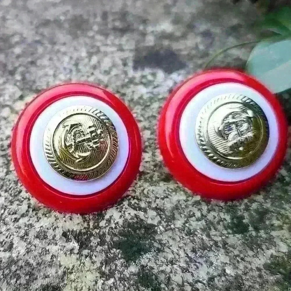 Vintage boat anchor  earrings red white gold colors - Picture 10 of 13